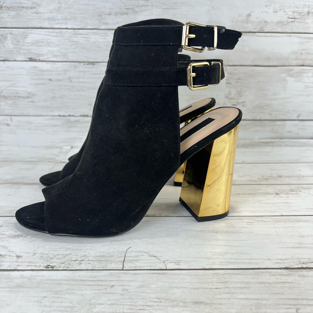 Forever 21 Black Peep Toe Booties with Block Gold Heel Buckle Double Straps 8